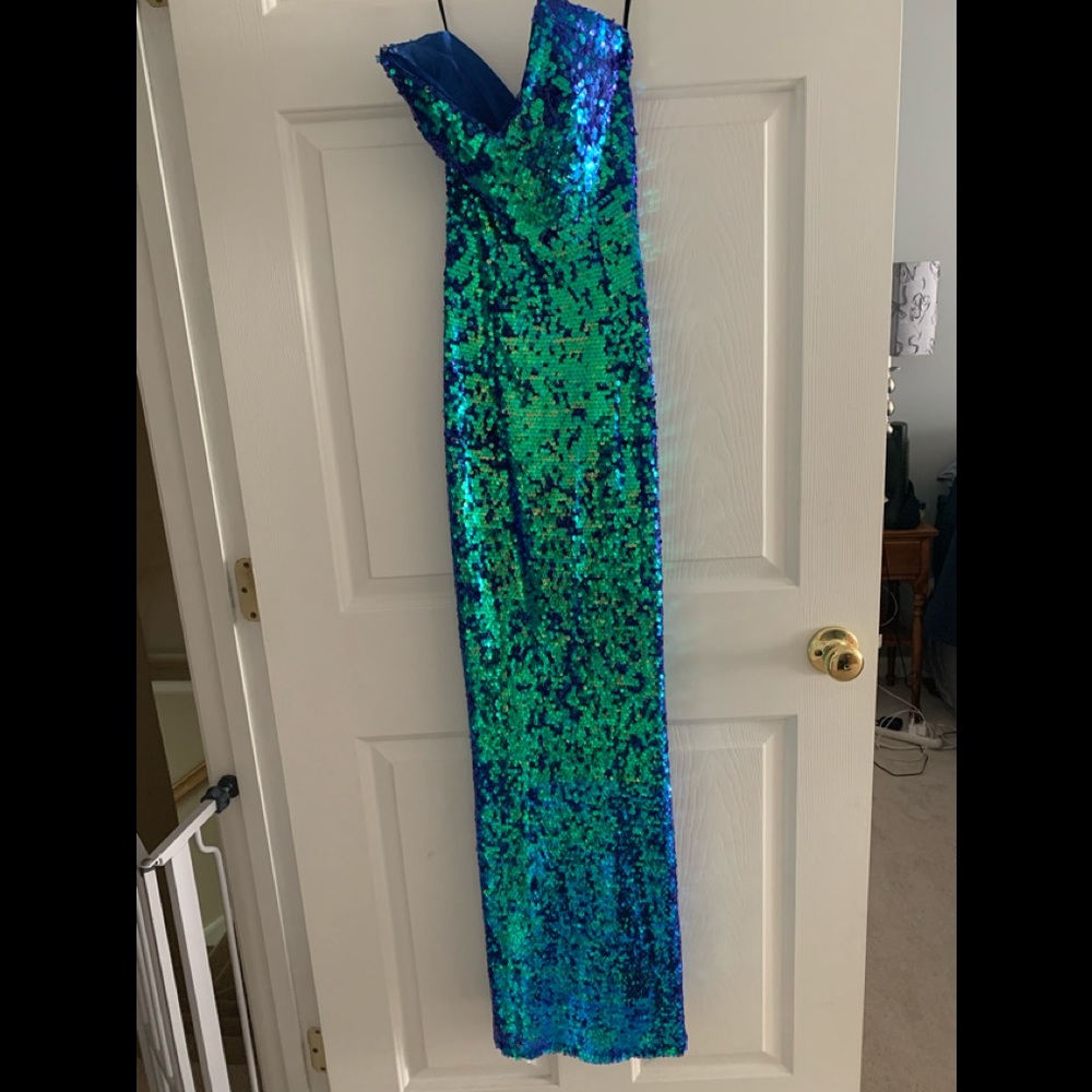 Sequin gown with matching blue suede shoes